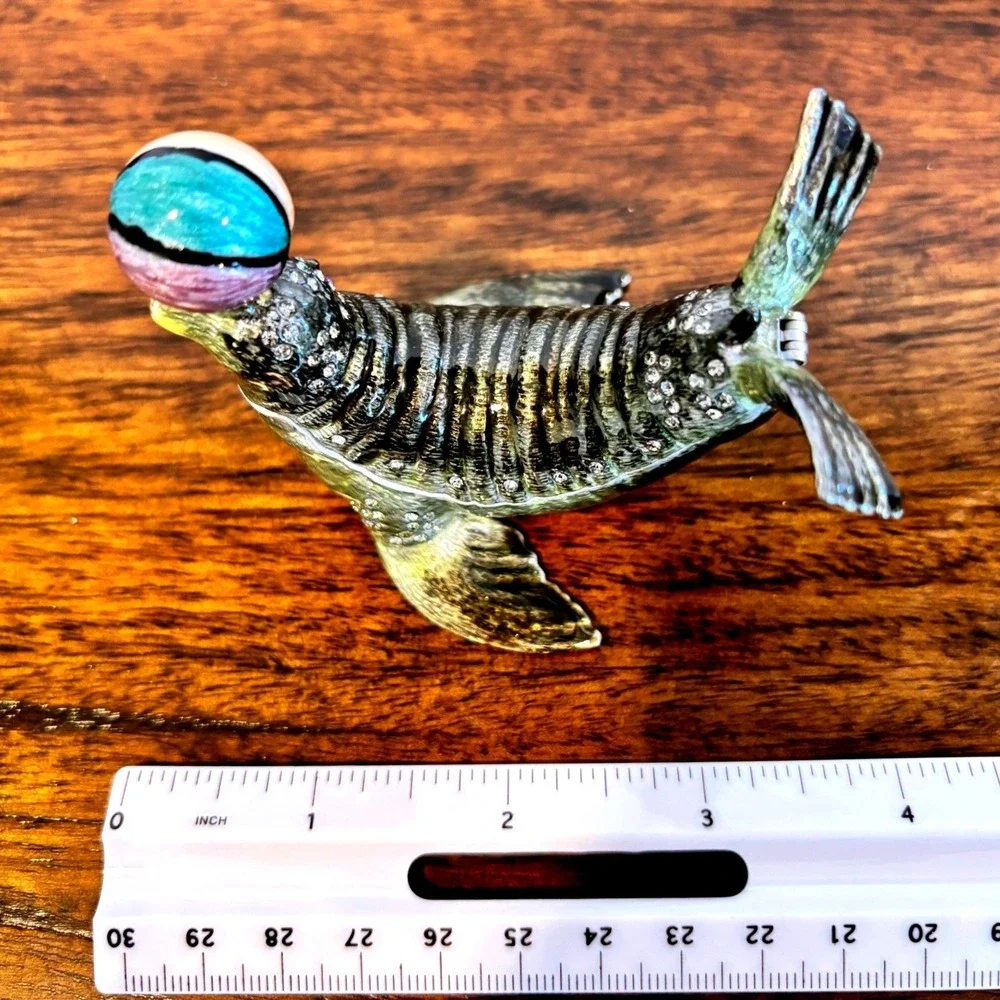 Sea Lion Enameled Trinket Box Beach Ball Nautical Coastal Whimsical Decor